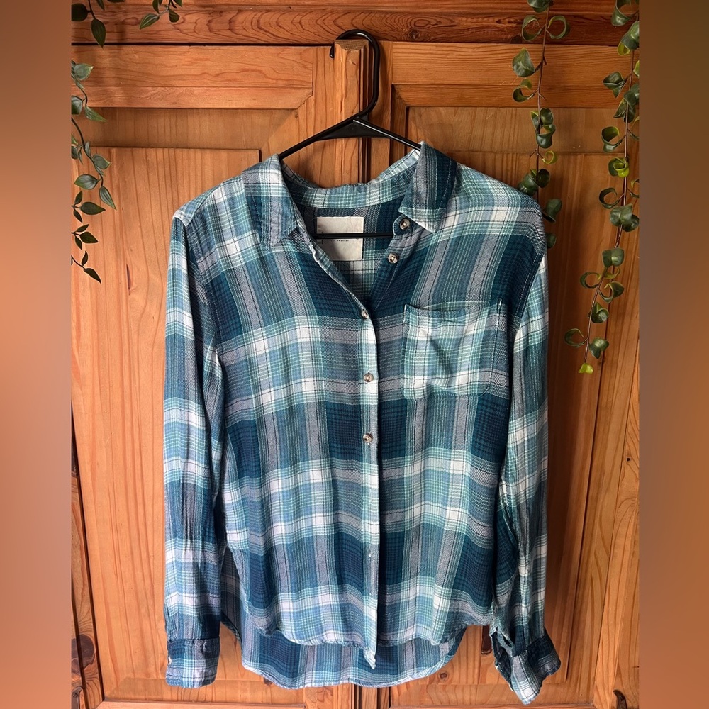 Lucky Brand Cloud Plaid Boyfriend Shirt Teal Plaid